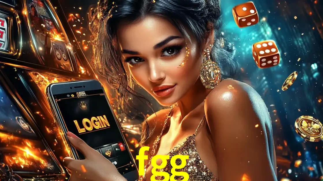 Mulher glamourosa segurando um celular com a tela de login do cassino fgg, rodeada por dados e moedas douradas, pronta para começar a diversão.